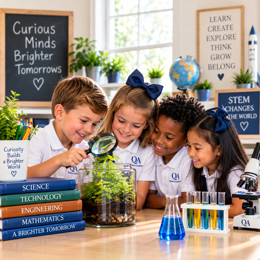 Young students exploring a terrarium together in a STEM classroom