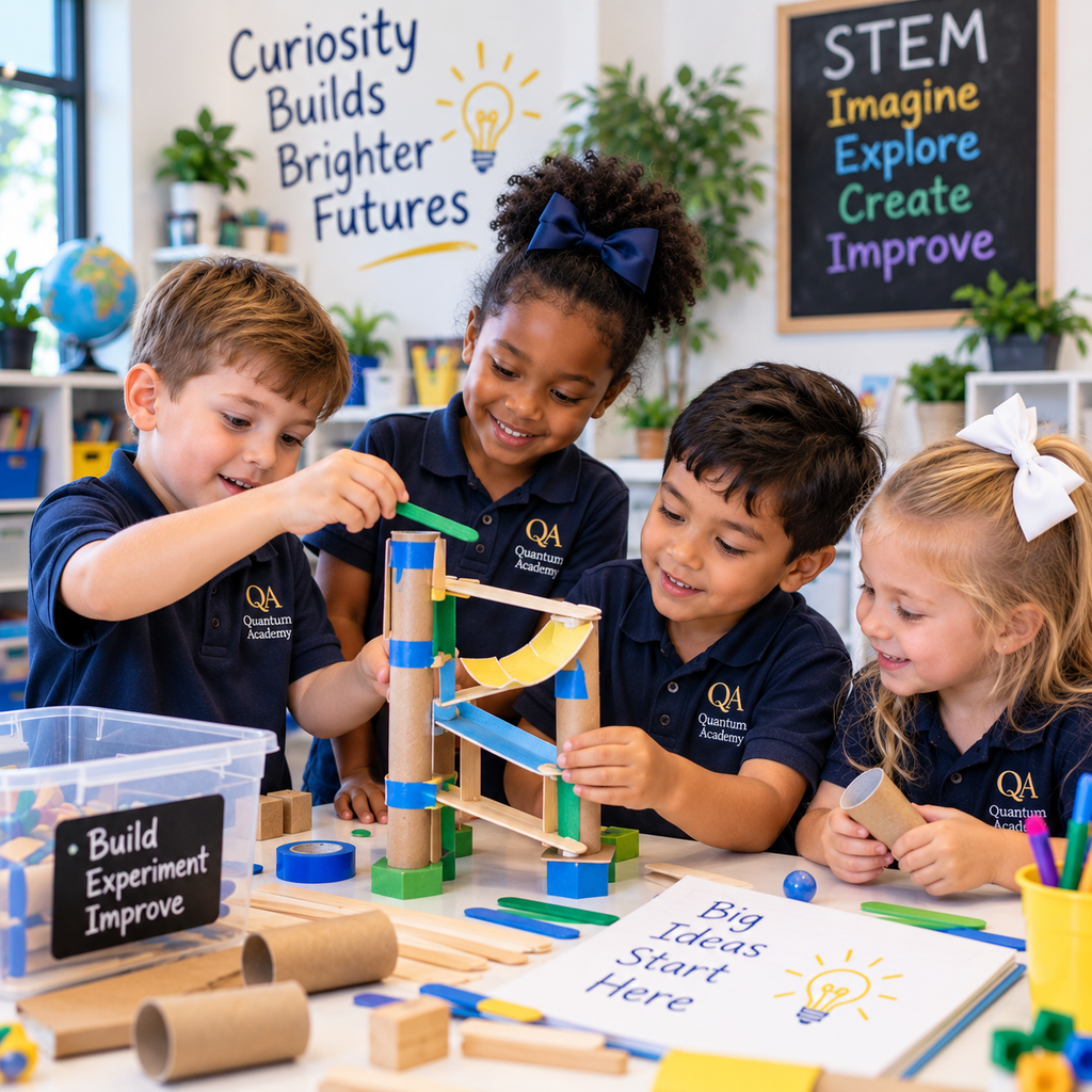 Young students collaborating on a STEM engineering project at Quantum Academy